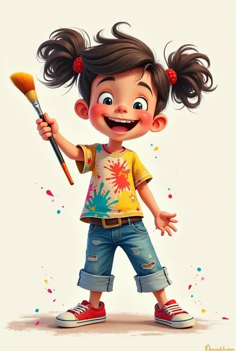 jump happy Ai cartoon boy with paint brush wearing geans dress painted clothes with two curly pony hairs, paint brush in hand without background