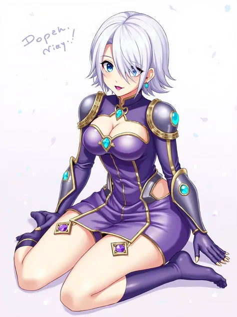 Ivy (Soul Calibur), 1girl, breasts, jewelry, earrings, makeup, purple_lips, solo, shoulder_armor, cleavage, short_hair, hair_over_one_eye, blue_eyes, sitting, lipstick, huge_breasts, armor, looking_at_viewer, thighs, pauldrons, thick_thighs, purple_gloves,...