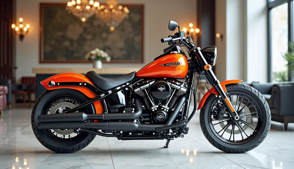 2025(Harley Davidson Softails slim) motorcycle in vibrant(orange shiny) color standing in luxury showroom.full (lift) show with showroom background white blur