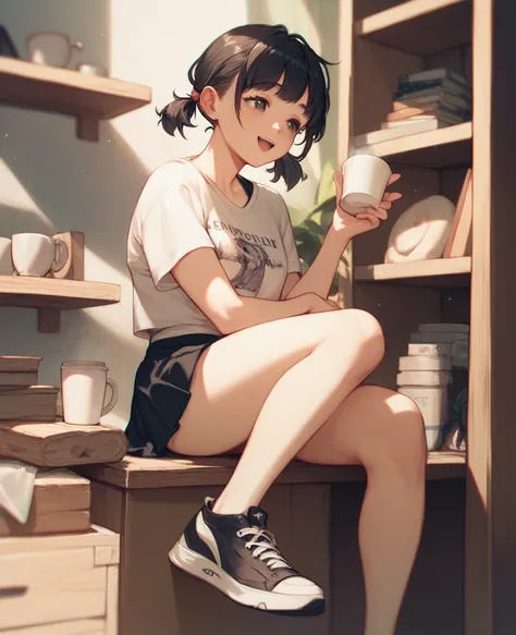  anime girl t-shirt, black sneakers, short black skirt,  black bra, black open jacket , short blond hair with pigtails, wooden shelf bottom with alcoholic beverages, tender and happy face , Cup in hand,  sitting 