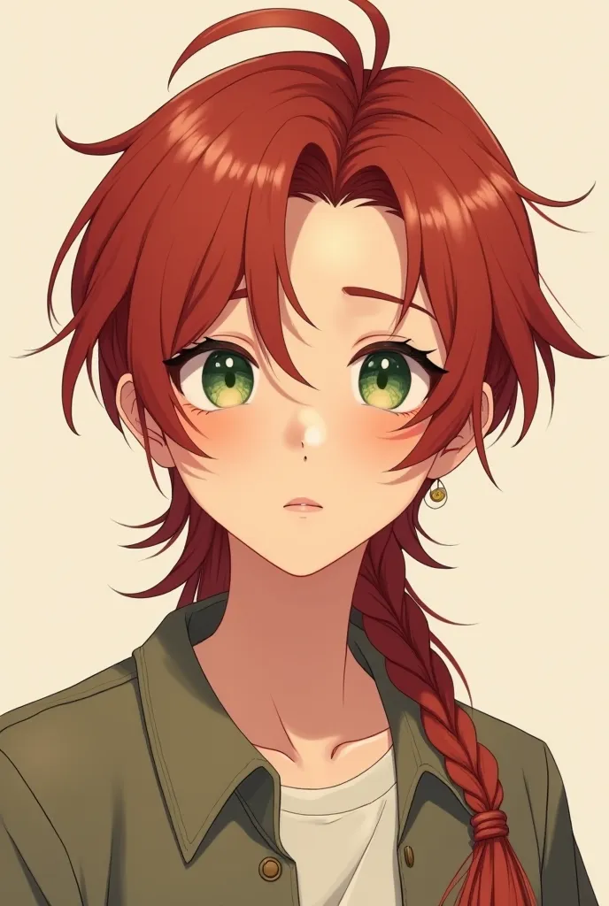 A stylized anime (semi realism) illustration of a Chinese character. Has a East Asian features, with slightly upturned, expressive green eyes, a defined jawline, and a slightly high-bridged nose. Their hair red, but dusty (and rosey) kind of red, long hair...