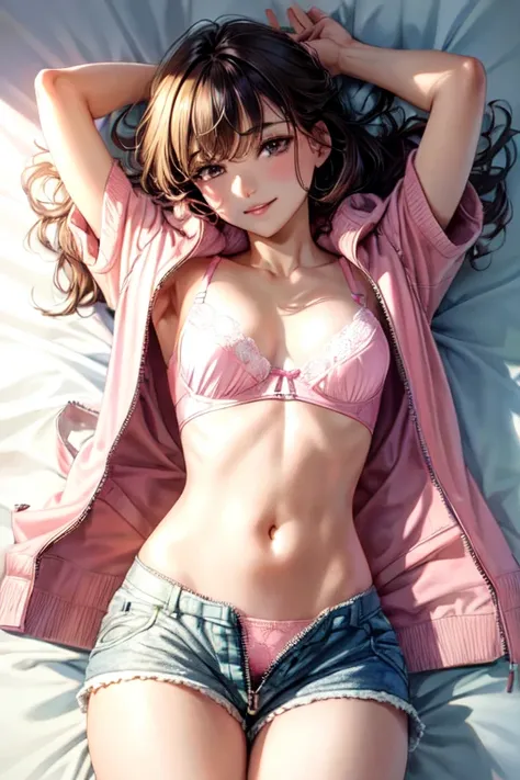 (masterpiece, highest quality), Bedroom, 1 girl, , , ,anatomically correct body, flat chest, (sweater), (((shorts with zipper removed))), (open fly), (lace panties), (Lace pink bra)in a colorful Bedroom, lying on the bed, From above, morning, dazzling sunl...