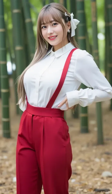 , Miyako Fujiwara　 cosplay ,  Dye your hair gray ，   white shirt,   head ribbon  ,  red pants    , 白の紙幣つきの red pants ,( soft big breasts) ,(   red suspenders  )，In the bamboo forest， pretty face， stylish， GREAT STYLE，  attaches a bow to her hair  ，Take a f...