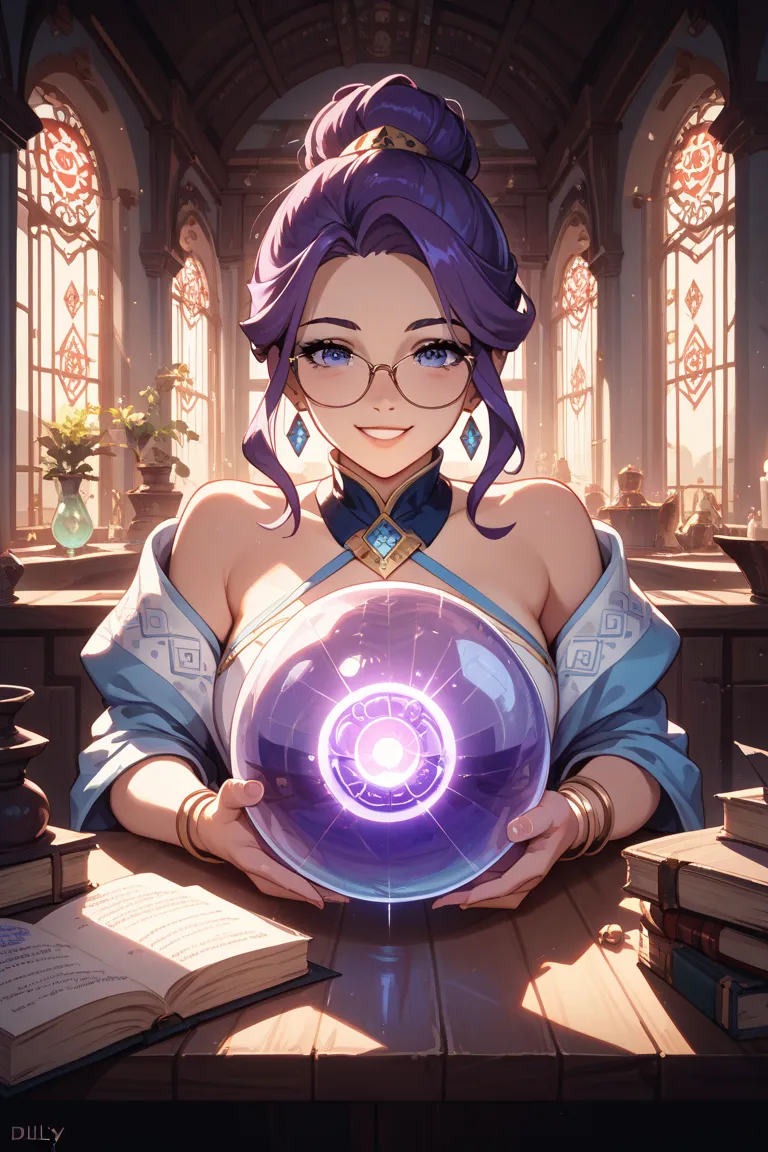 The fortune teller's kind-looking older sister　Has purple hair and wears glasses