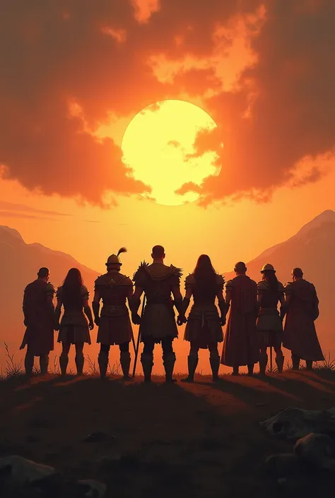 EIGHT warriors with their backs looking at the horizon