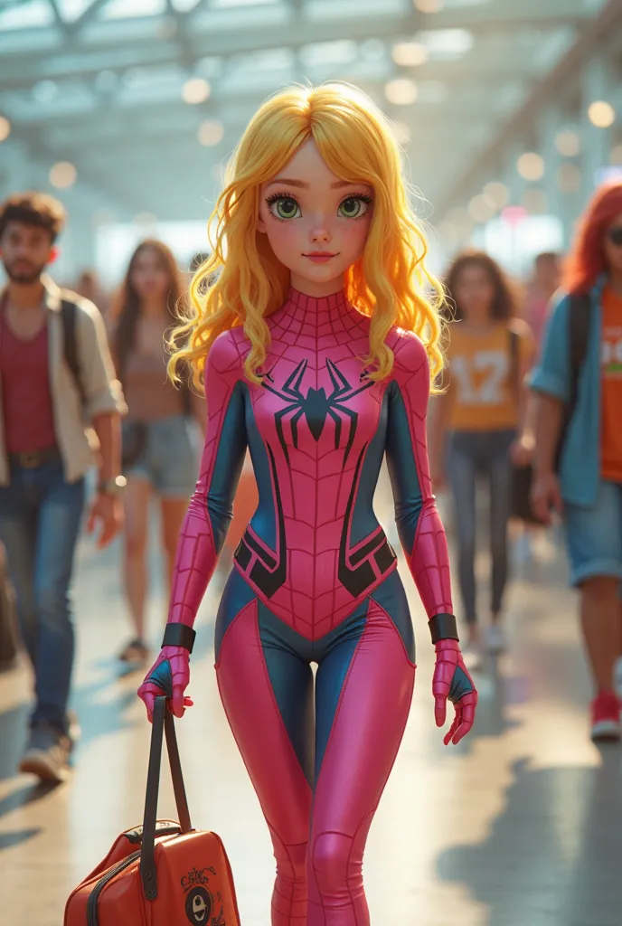 A 15-year-old girl,cute face,hair of yellow color,memakai kostum spiderman warna merah muda dan A 15-year-old girl, pretty face,pink hair , wearing an orange deadpool costume , is walking along , smiley face expression ,airport room background, people walk...