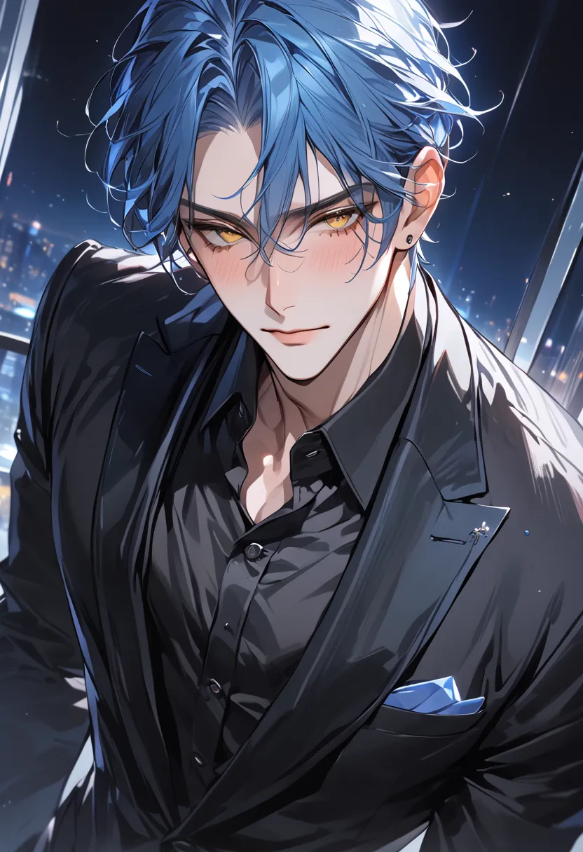 (Masterpiece, high resolution, best quality), solo, 1 male, 25-years old man, handsome, short-straight and blue hair, yellow eyes, tall, black suit, black dress shirt, upper body, blush, looking at viewer, bright background