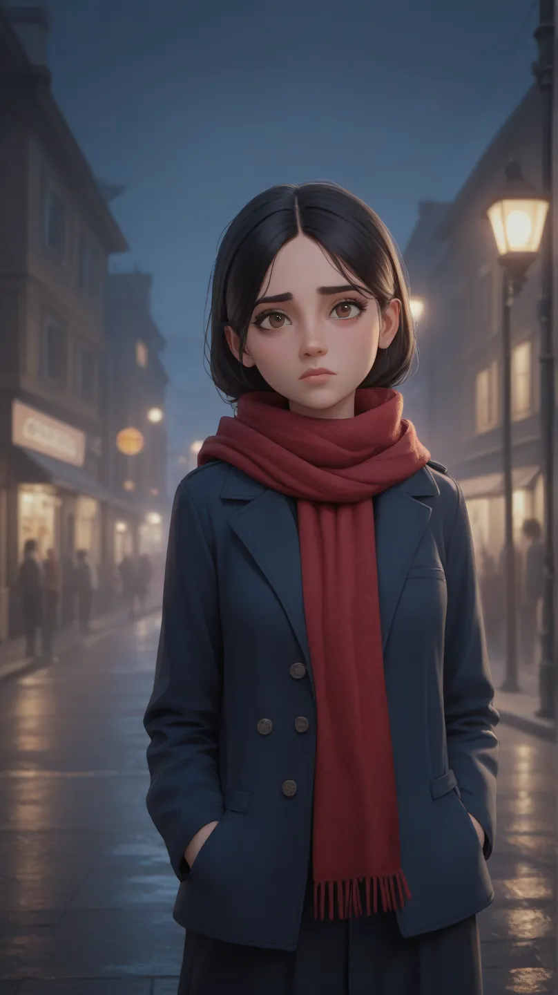 A 3D Pixar-style image of a young woman, Maya, standing alone under a dimly flickering streetlight on a cold night. She has deep brown eyes, slightly wavy shoulder-length black hair, and a tired yet strong expression. She is wearing a worn-out but elegant ...