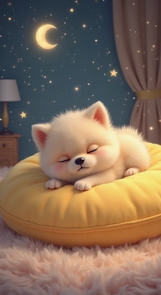 Very small Chubby  Puppy Fluffy Pomeranian Spitz Sleeps on the Very big Soft Yellow pillow ,sparkling Crescent moon in the starry sky , Hight