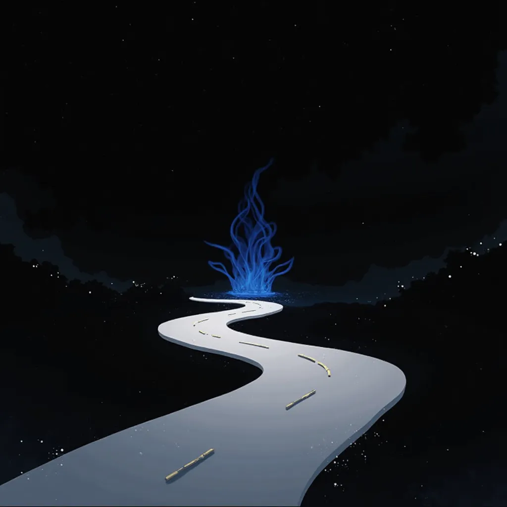  black background, A white Japanese road with a blue blade