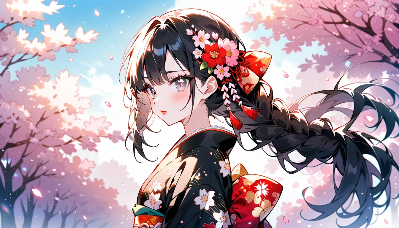 Prompt ultra detailed,best quality,throbbing,kawaii,cute,manga style,1girl, solo, kimono, japanese clothes, looking at viewer, black hair, braid hair,upper body, black kimono, sash, hair ornament, obi, red eyes, hair flower, print kimono, long sleeves, lon...