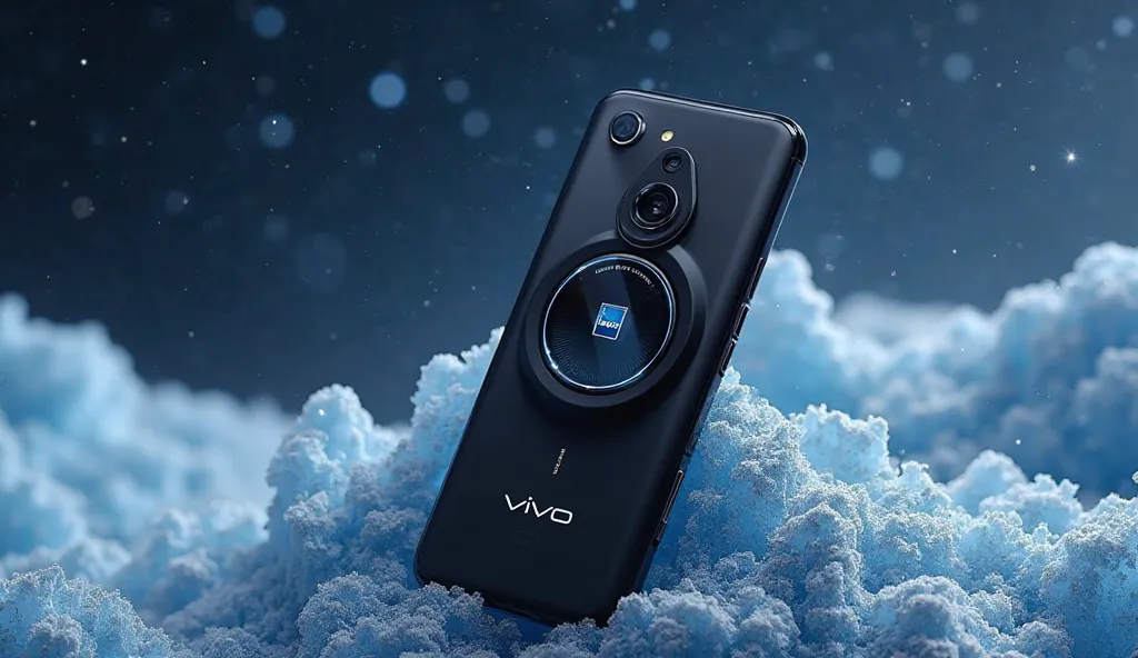 futuristic Vivo smartphone with a sleek black matte finish, featuring a large circular camera module with Zeiss branding and multiple lenses. The phone is set against a stunning icy, space-like background with a starry night sky. The design is ultra-modern...