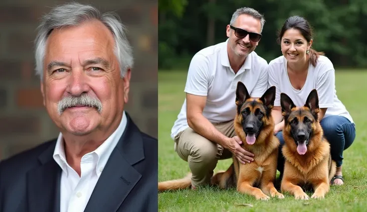 Image is a composite layout featuring a large portrait on the left and a smaller outdoor scene on the right. The left side shows a close-up of an older man with short gray hair and a mustache, wearing a dark suit and white shirt. His skin is light, and he ...