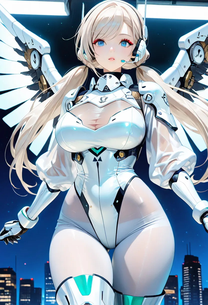 solo,1girl,((Brainwashed Electronic Machine Angel)),((Tight fit that bites into your skin)),((black stockings Zentai Bodysuit)),((pure white angel leotard)),((tight size long sleeve leotard armor)),((cyber communication headset)),((white mechanical protect...