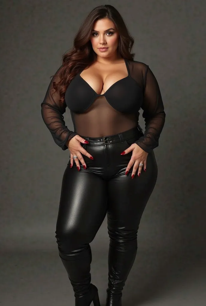 A woman who is extremely curvy. She is wearing black leather pants and high boots as well as a black transparent body with long sleeves . She poses very sexy while touching her hips. She has dark red long shiny nails and wears high boots.  