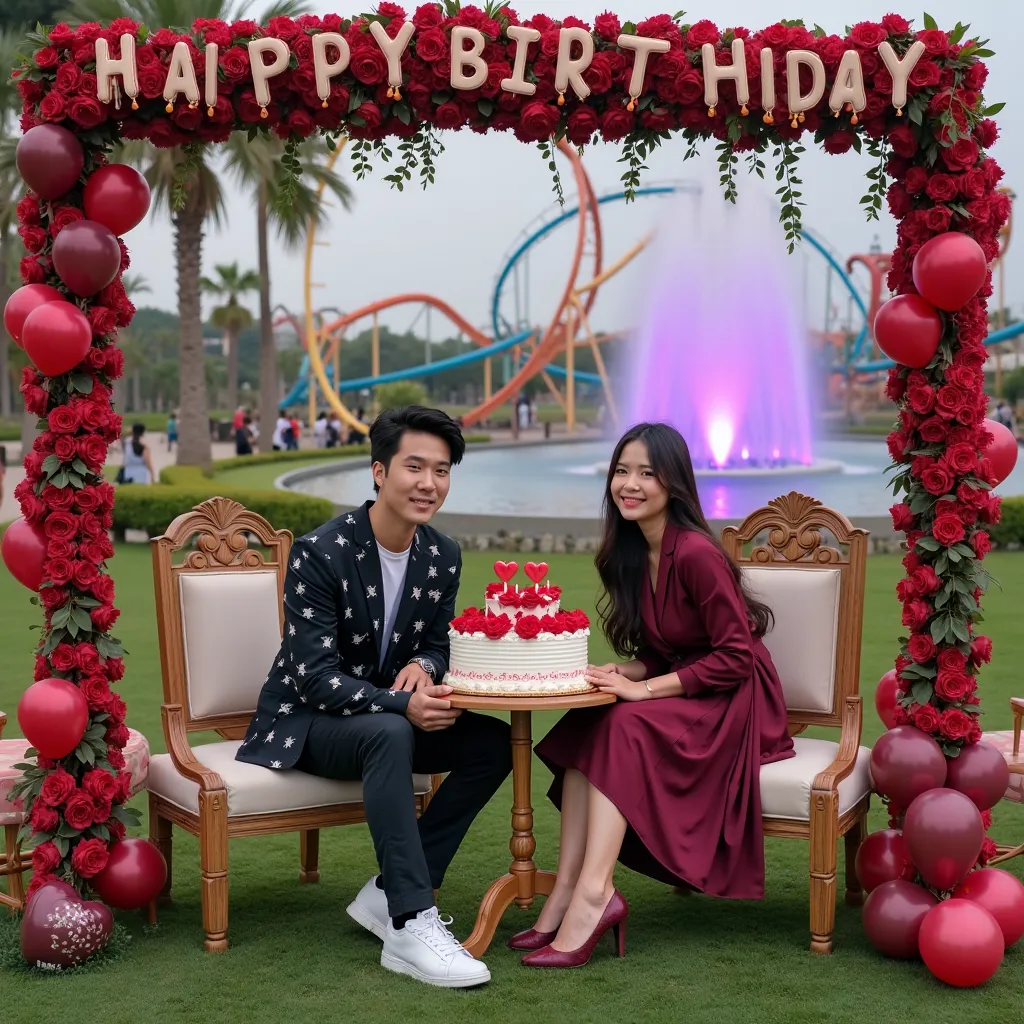 Full length professional photography of a Korean man with short hair combed to the side, Facing the Camera Wearing a Black Tie-Dye Shirt Suit, wearing white sneakers, Watch is sitting smiling at the celebrating hut POETRA RESTORE's birthday with a long-hai...