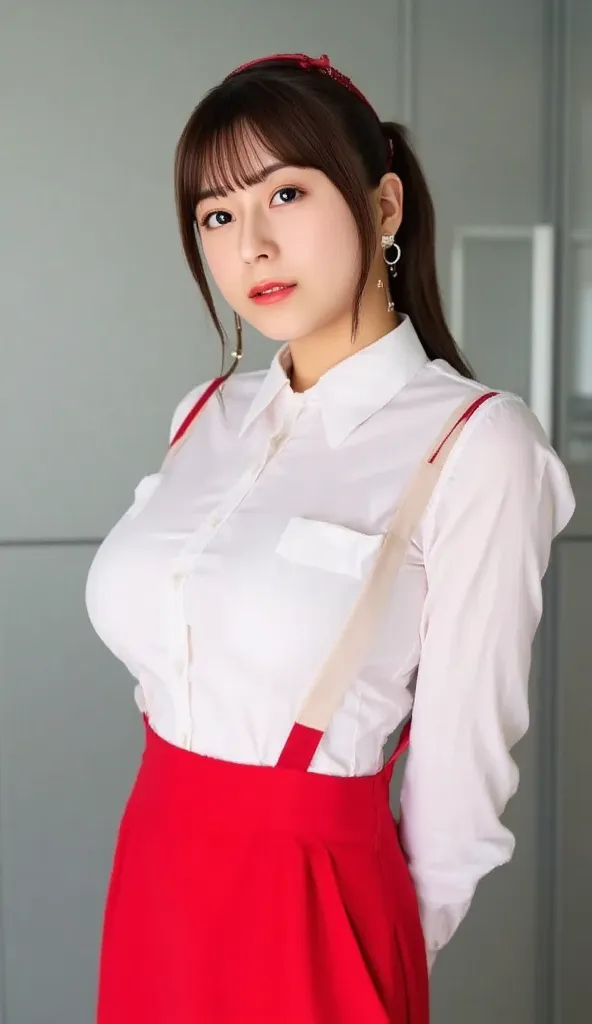 , Miyako Fujiwara　 cosplay ,   ，   white shirt,   head ribbon  ,  red miniskirt    , red pants with white bills ,( soft big breasts) ,(   red suspenders  )，In the classroom， pretty face， stylish， GREAT STYLE，  attaches a bow to her hair  ，Take a full body ...