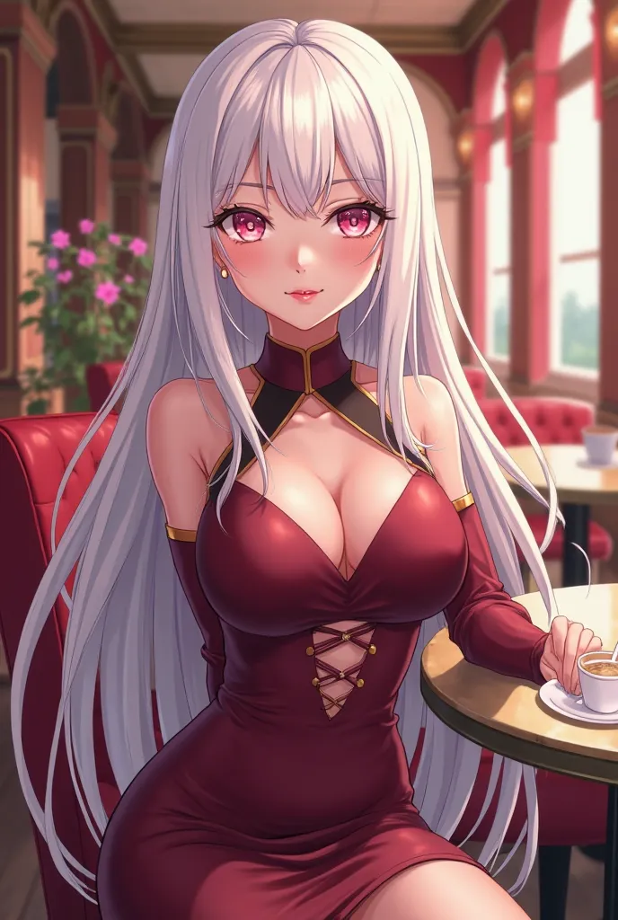 character from anime drawing style my hero academy young woman about , whitish albino skin, long straight white hair , Background sitting in a luxurious restaurant, bright pink eyes,  developed body, lips with pink gloss, costume a tight dark red dress 