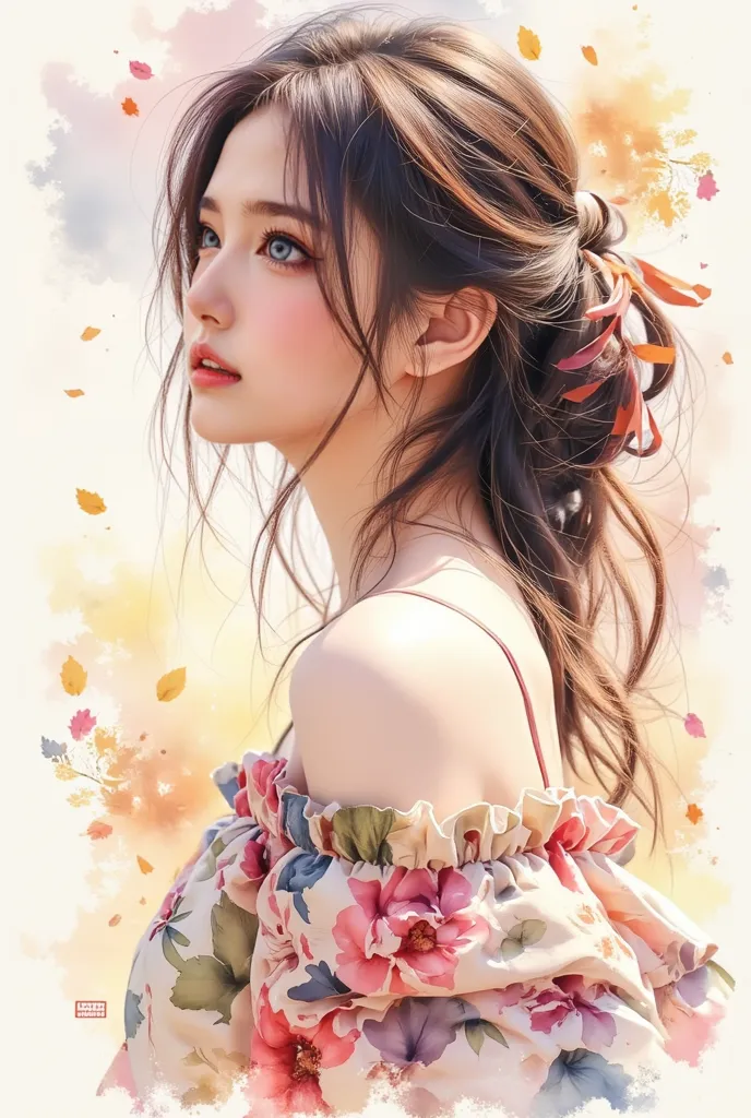 (8k, best quality, masterpiece:1.2),(best quality:1.0), (ultra highres:1.0), watercolor, beautiful woman, shoulder, hair ribbon, by agnes cecile , bust,  Super Bright Shining Design , Pastel Colors, (ink:1.3), autumn lights,