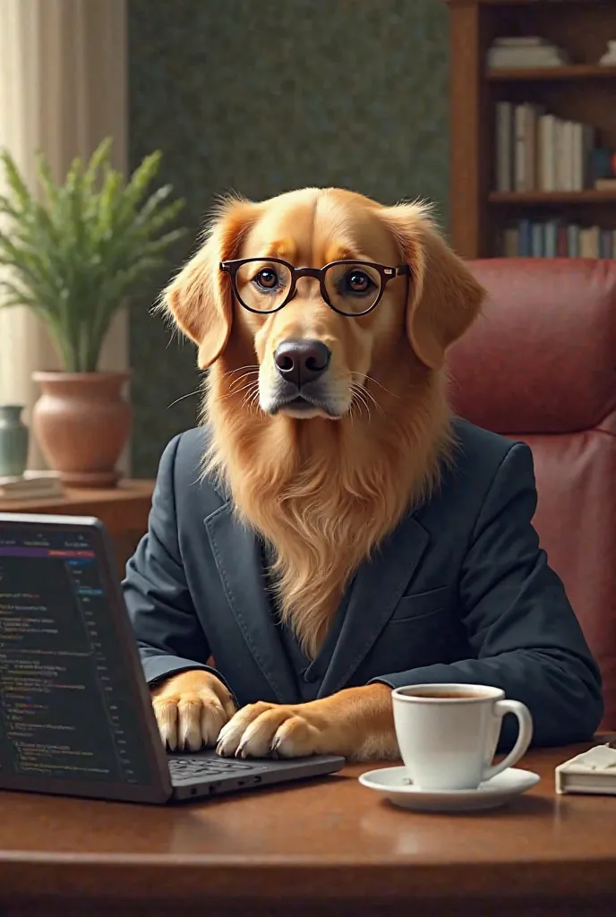  A Golden Retriever wearing glasses and a suit, sitting at a desk, typing on a laptop, with a cup of coffee next to it.