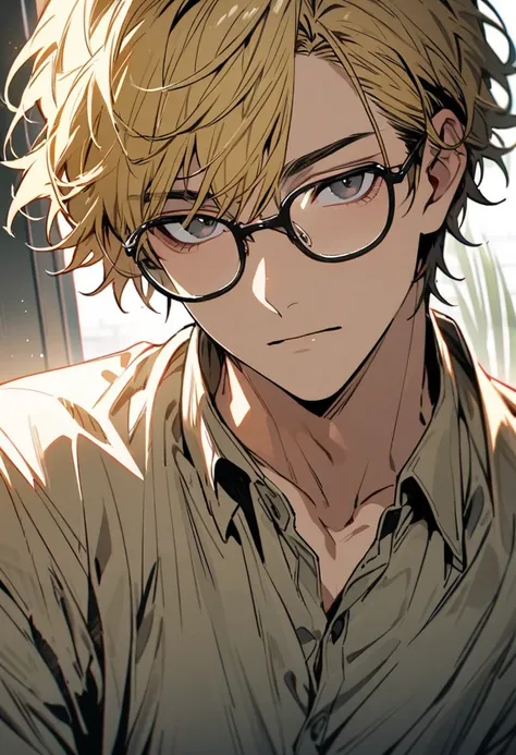 male, solo, handsome,  black  eyes, handsome, blond hair, short hair, beautiful eyes, beautiful color, high detail, front view, glasses, 