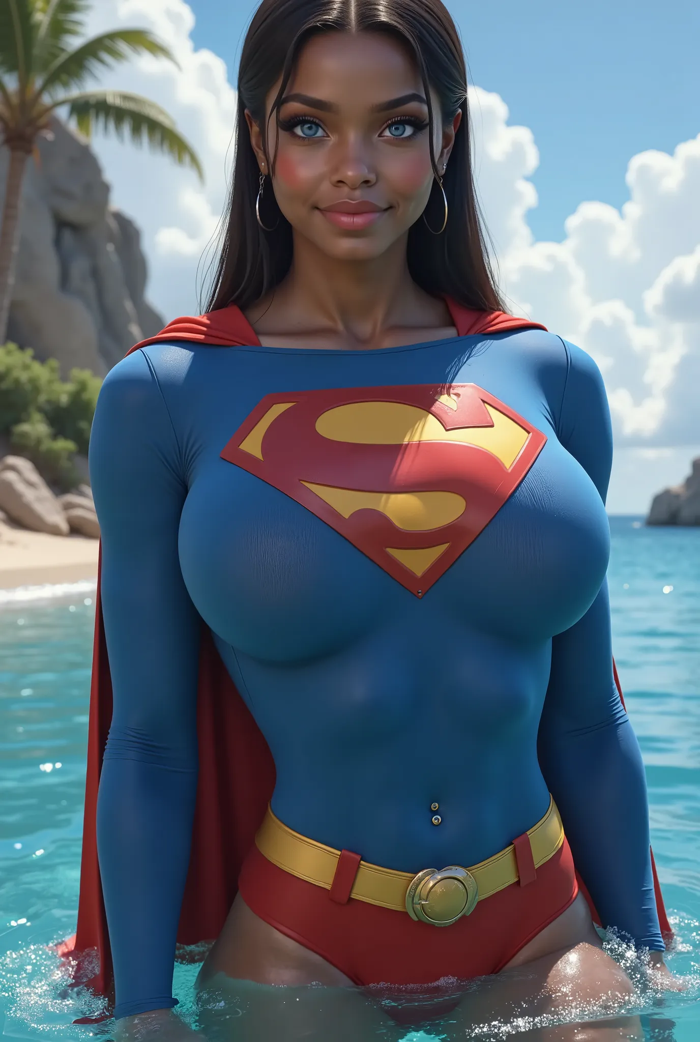 (SWIMMING IN THE OCEAN) SEXY BLACK AFRICAN 17-YEAR-OLD FEMALE AS SUPERMAN WITH BIG BLUE EYES **"FULL ENTIE BODY STANDING POV OF A stunning, highly detailed, and ultra-realistic portrait of a SEXY BLUE EYED I GIRL, proudly wearing the iconic RETRO 1980 SUPE...