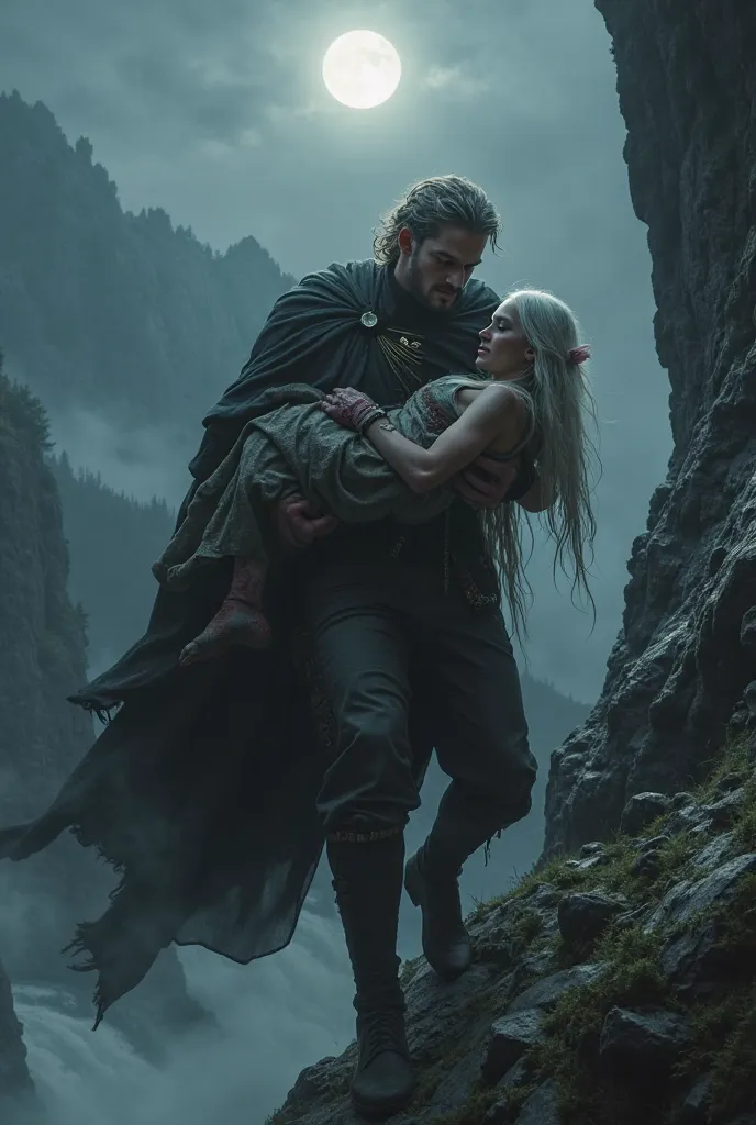 A dramatic and intense scene of Klaus rescuing Freya from the bottom of a dark and misty precipice. Klaus, a powerful Lycan King, carries Freya in his strong arms, his golden eyes filled with determination. His dark cloak billows behind him as he climbs th...