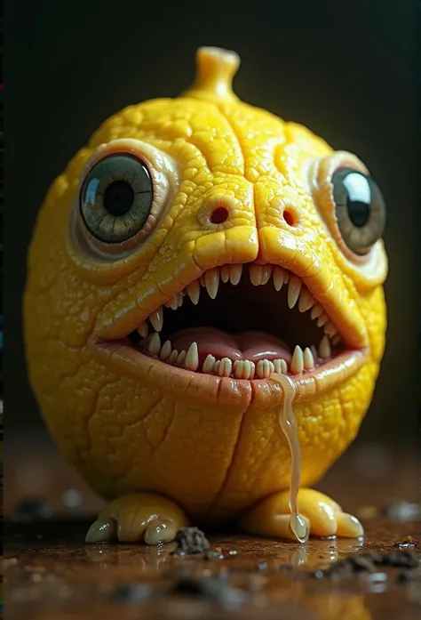 A hyper-realistic, ultra-detailed 4K render of a monstrous, living lemon creature with disturbingly organic features. Its skin is bright yellow, slightly wrinkled, and stretched over an overripe, swollen body, with small cracks revealing glimpses of pulpy ...