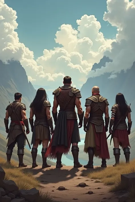 7 warriors with their backs looking at the horizon