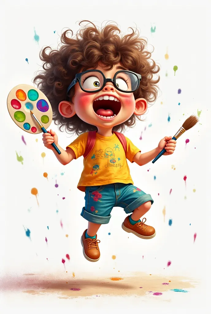 Ai cartoon curly hairs glassess boy with paint brush and color plate, wearing geans dress painted clothes, paint brush in hand jumps up without background