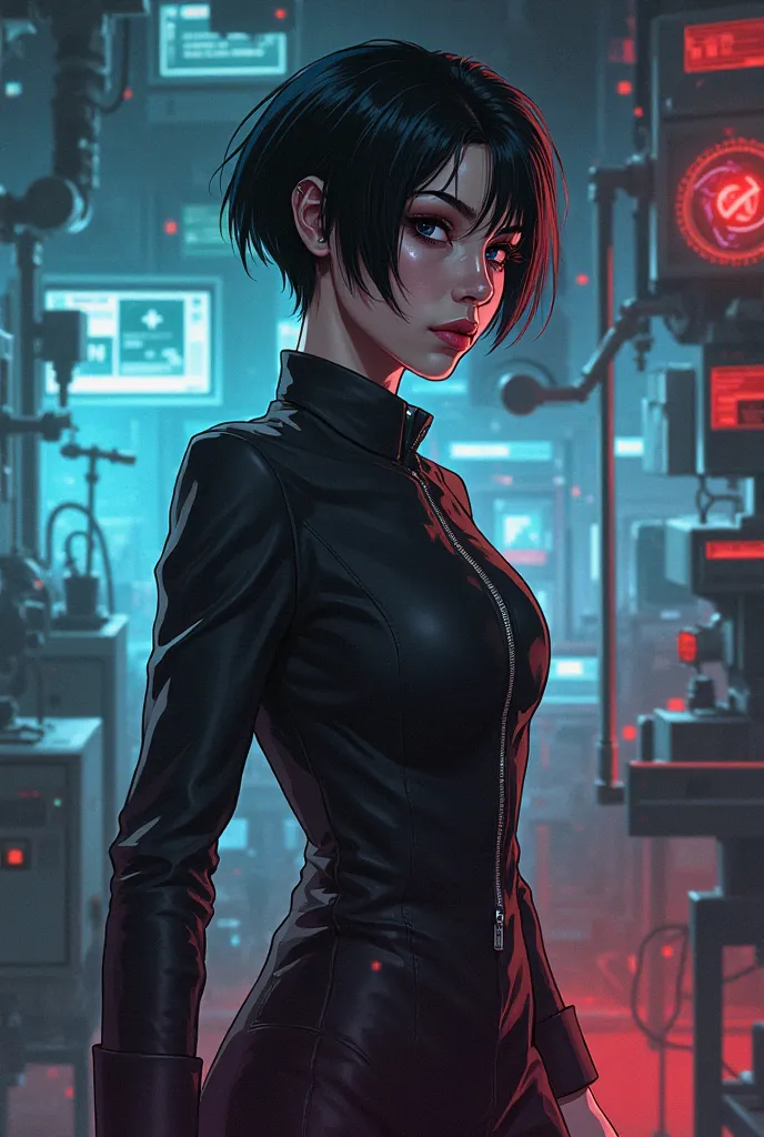 Take a picture of a woman named Esther Orozco Orozco as a villain powers genetic manipulation creation of intelligent viruses, Short hair and anime version