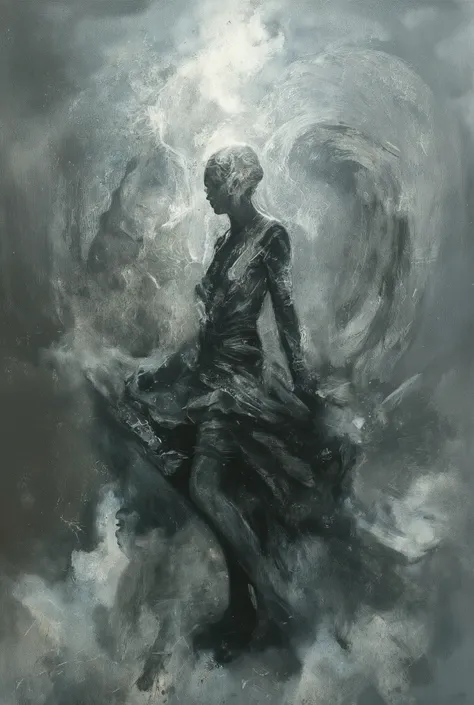 A hauntingly beautiful comic book illustration by Greg Rutkowski. A captivating woman, shrouded in mystery, stands amidst a swirling fog, her velvety abyss-like form seemingly absorbing the surrounding light. Her enigmatic presence radiates an aura of fore...