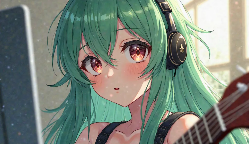 long hair, open your mouth slightly, headphones, have twinkling eyes,  green hair　 Beautiful Older Sister 　 electric guitar on my computer　 blushes, anime, 