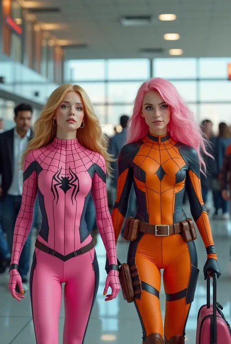 A 15-year-old girl, pretty face,hair of yellow color,wears a pink spiderman costume and a 15-year-old girl, pretty face,pink hair , wearing an orange deadpool costume , is walking along , smiley face expression ,airport room background, people walking , re...