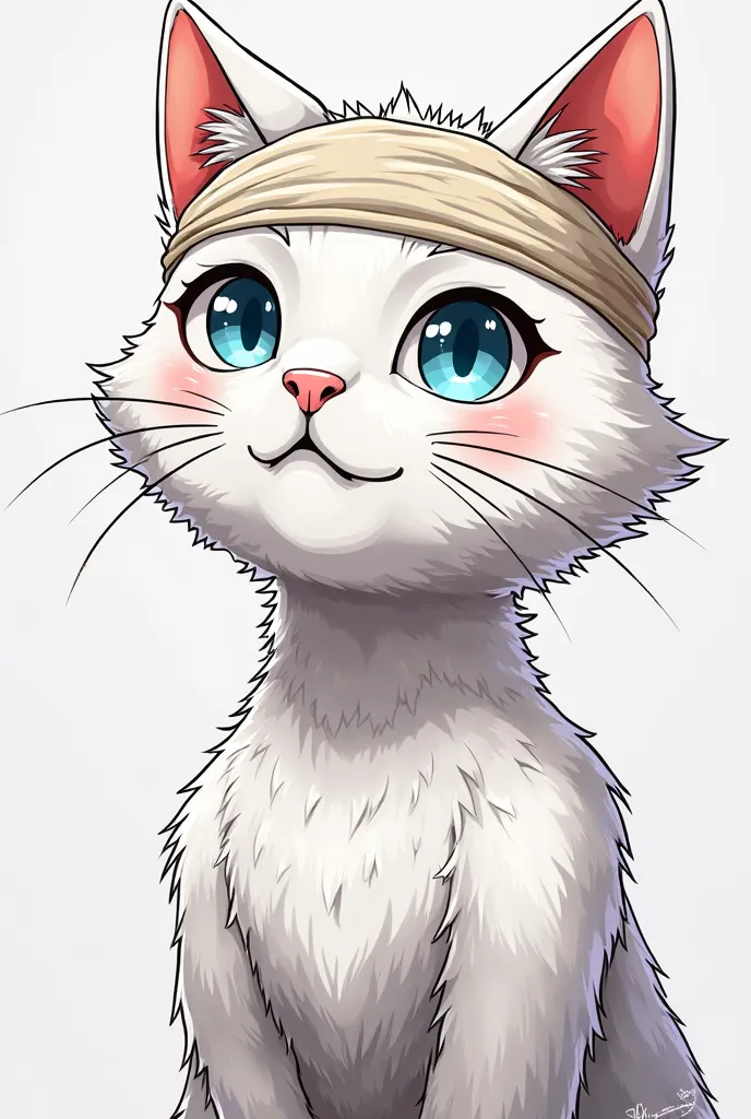 a white cat with a bandage on his head, Lineart inspired by Taiyō Matsumoto ,  trending on Deviantart , hairy art, cybernetic cat, anime cat, cat head, a cybernetic cat, cyberpunk cat, cyber cat,   anthropomorphic cat ,  anthropomorphic cat, cyborg kitten,...