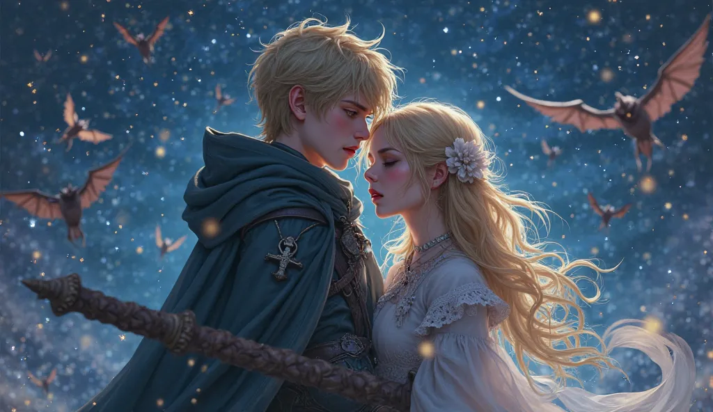  fantasy。Attacked by many flying demons、A young man who hugs a beautiful blonde woman crying and closes her eyes while fighting with a sword with an angry face。Stars that shine like crystals at night。4K