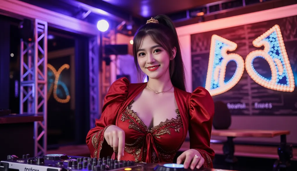 Beautiful Asian woman, wearing sexy Indonesian Pertamina, big breasts, with hair tied back, The woman plays DJ musical instrument, focus on DJ woman, smiling to camera, with special DJ room in the background