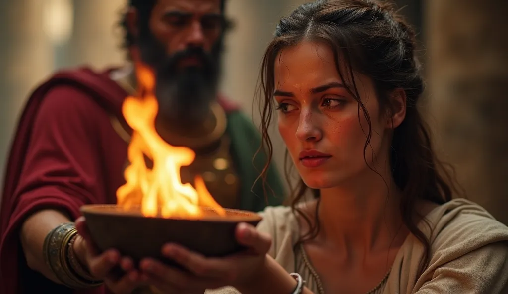 2.	A Roman official holding out a bowl of burning incense, demanding a trembling Christian woman to make a sacrifice to the gods, while she hesitates, sweat dripping down her brow—the ultimate moment of decision. Closed-up, hyper-realistic, vibrant, 4K HD.