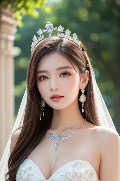 (Masterpiece,  top quality: 1.4),  detailed background, White Crystal,  Crystal Clusters , long hair,  jewelry,  earrings,  necklace,  crown, bride, Gray Hair, halo,