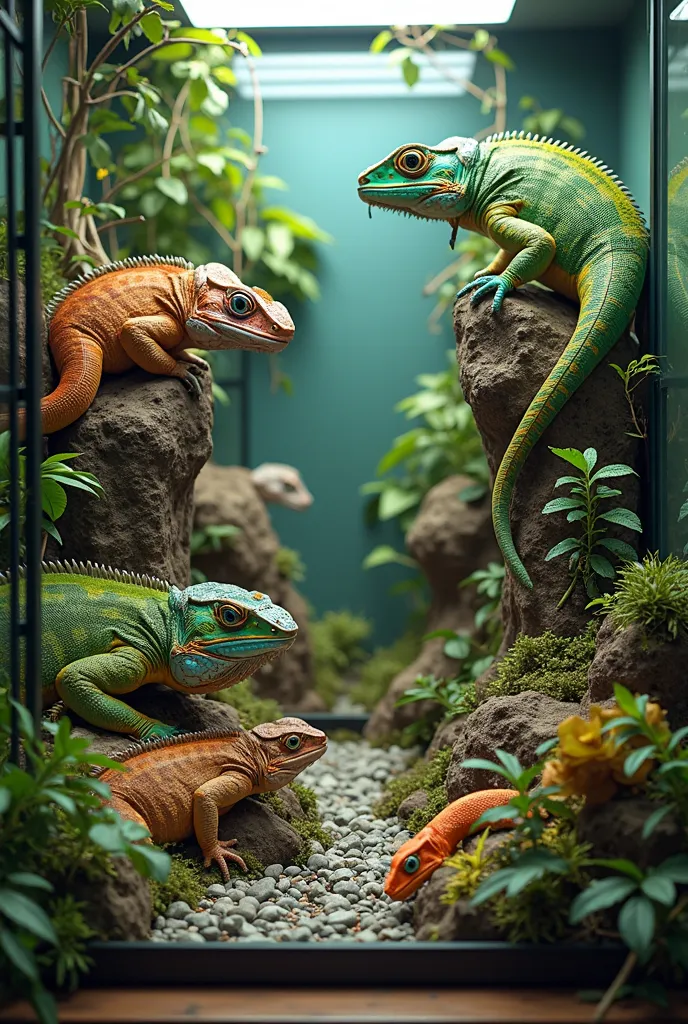 (photorealism:1.2), Big terrarium with multiple reptile species like snakes, chameleons, lizards. 