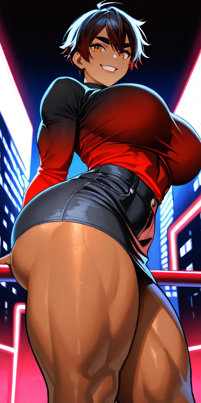 4K Quality, ((sexy smile)), ((black denim skirt)), bedroom, (dark skinned tomboy), (black and red gradient hair), amber eyes, thick eyebrows, ((dark skinned)), ((black and red shirt)), toned body, ((thick thighs)), big breasted, (big ass), (facing the view...