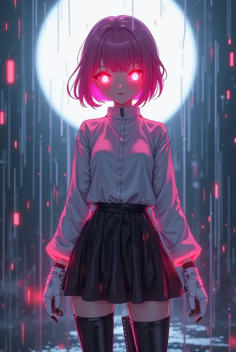 1 anime girl, short pink hair Bob style,eyes color red LED,White long sleeve shirt,  white gloves, short black skirt,color red neon,long black boots,Little Slimr (rain background with white moon in bright background)