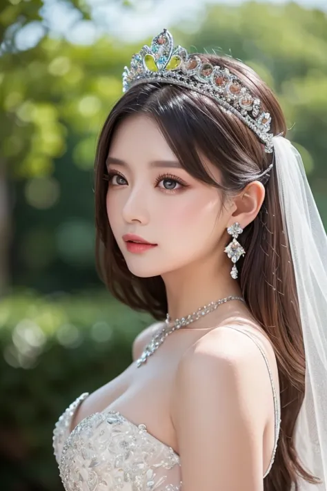 (Masterpiece,  top quality: 1.4),  detailed background, White Crystal,  Crystal Clusters , long hair,  jewelry,  earrings,  necklace,  crown, bride, Gray Hair, halo,