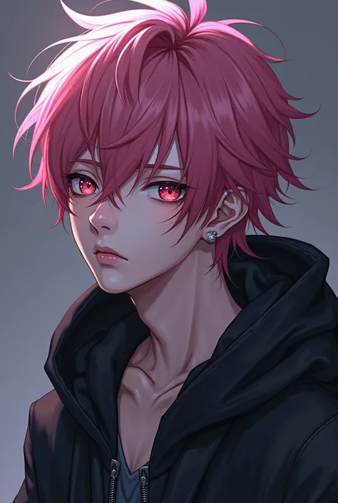 Anime boy with pink hair black hoodie and ONE eye dark green the OTHER EYE dark blue