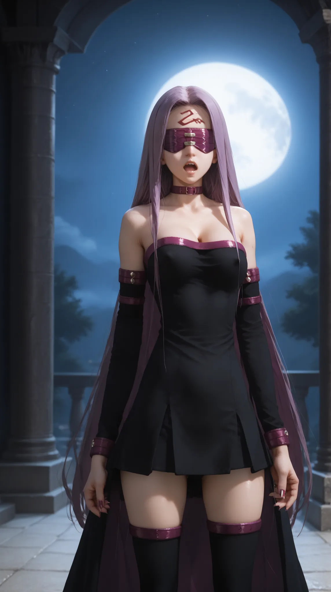 MedusaFS, purple hair, long hair, blindfold, forehead mark, MedusaDress, purple choker, strapless dress, black dress, cleavage, medium breasts, detached sleeves, black thighhighs, greek temple
, at night, full moon, shiny skin, shiny clothes, impossilble c...