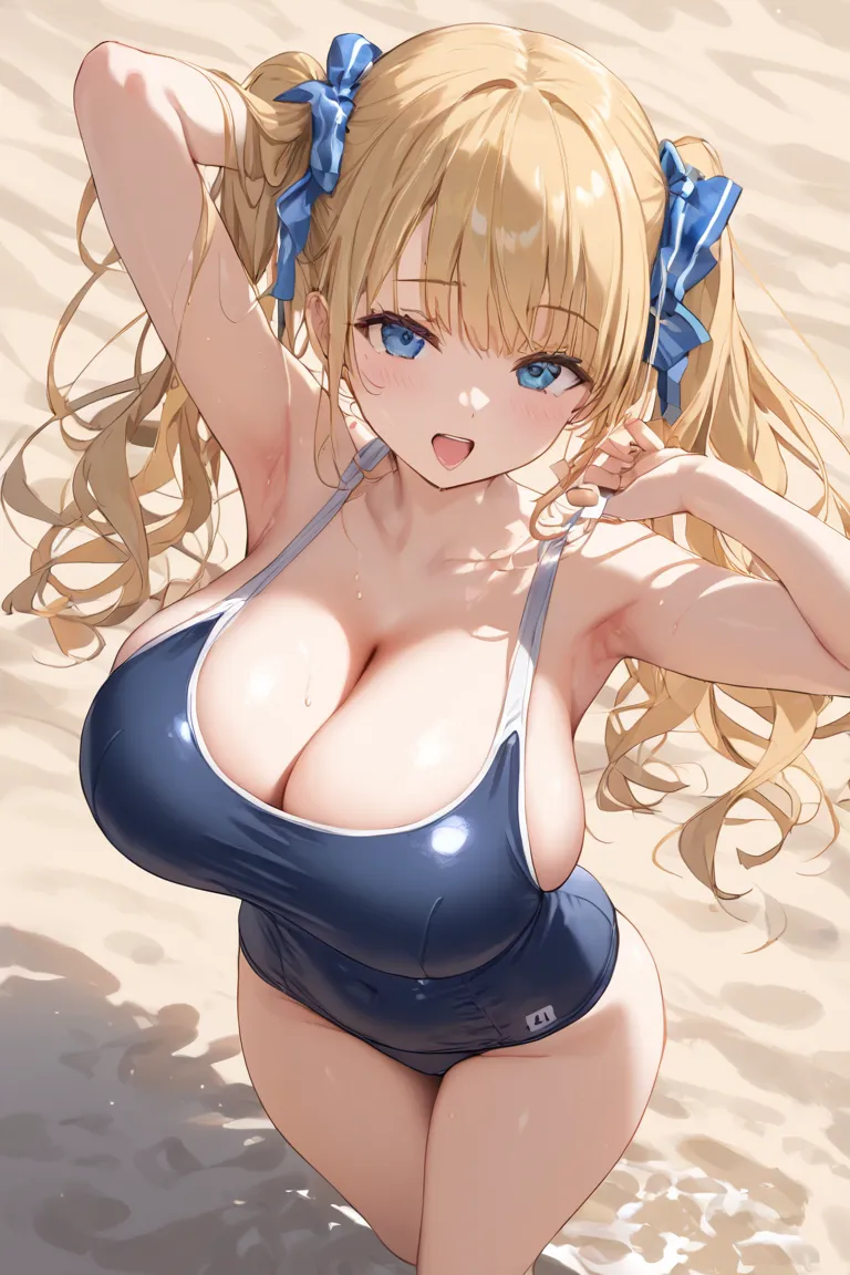 big breasts　big breasts　1 girl　High Resolution,highest quality　school swimsuit　big breasts,  　big breasts　big breasts　sea　 sandy beach　Ribbon Hair Accessory　Chest Valley　open your mouth slightly　high angle　armpits with Miki　twin tails