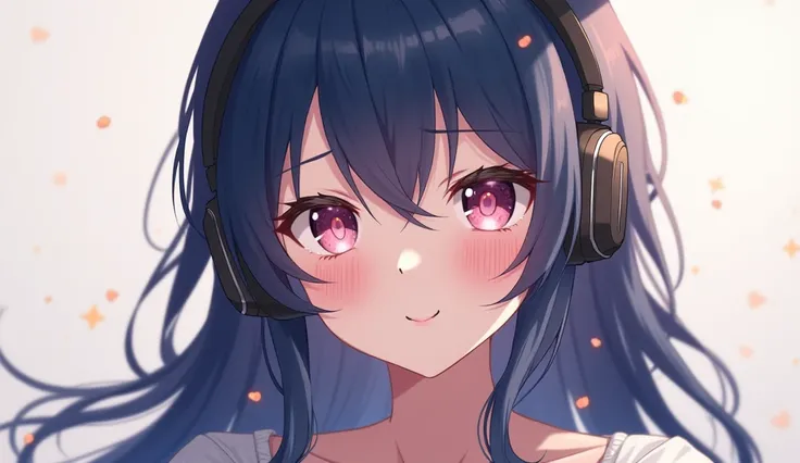 long hair, open your mouth slightly, headphones, have twinkling eyes,  navy hair　 Beautiful Older Sister 　 electric guitar on my computer　 blushes, anime, 