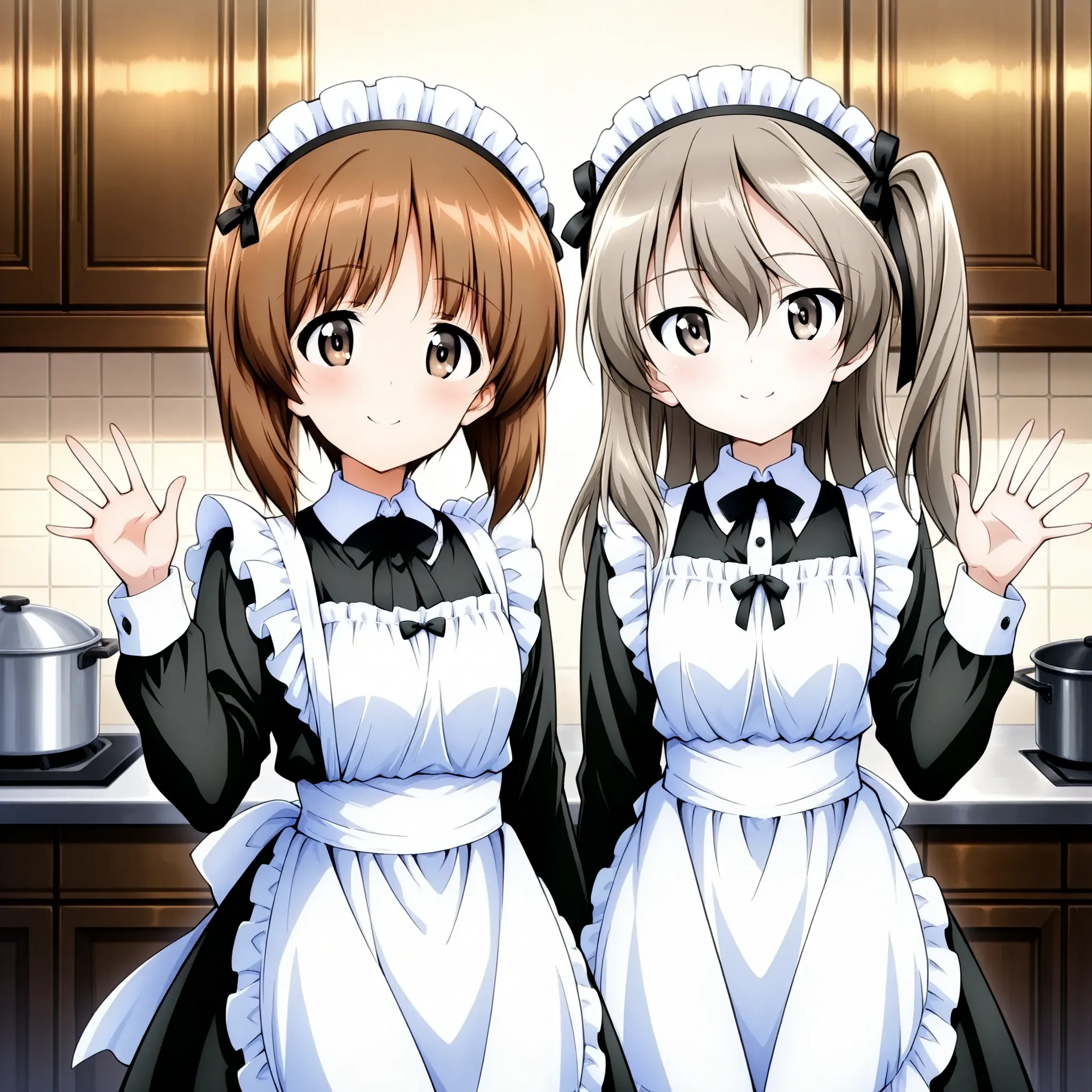 highest quality、High Resolution、 two girls、 front shot 、is standing、Shimada Arisu,smile,(brown eyes), long hair, light brown hair , indoors、kitchen、Victorian Maid Costume、Nishizumi Miho 、waving