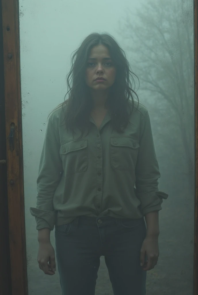 A foggy mirror, reflecting a young, fat woman with a frustrated expression, symbolizing the confusion and discouragement of those who try to lose weight and fail.