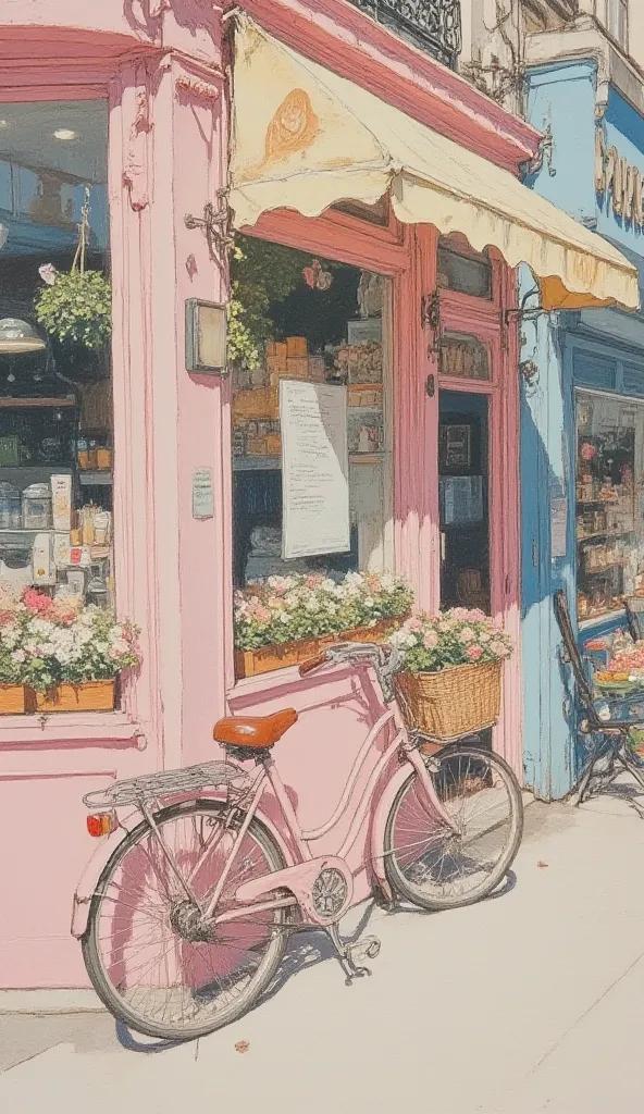  pingtu style ,  illustration fen , 
Fantasy-style painting , soft pastel colors centered on pale pink, Baby Blue,   yellow, oil, bicycle leaning against a patisserie wall,  lots of flowers , Somewhere in Paris, sunshine, vintage style, pastel palette, per...